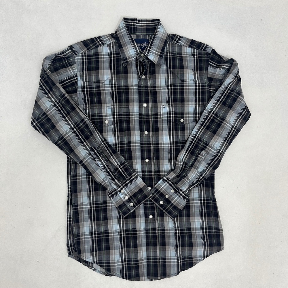 Wrangler Mens Small Button Up Shirt Black‎ Gray Plaid Pearl Snap Long Sleeve